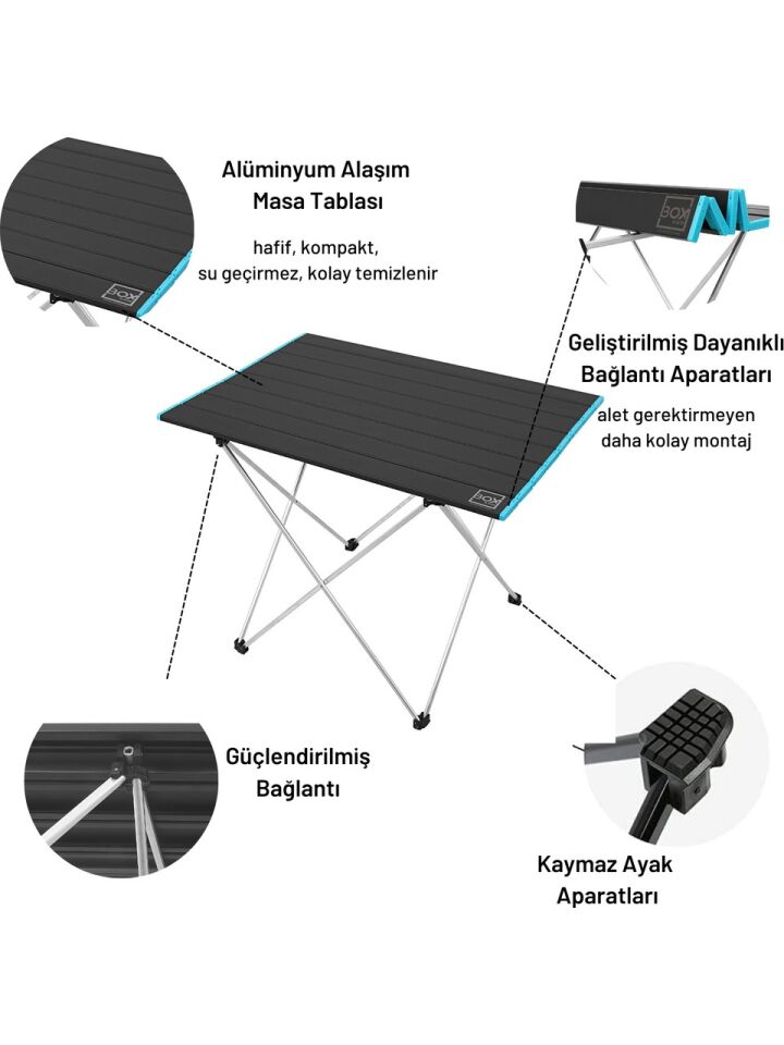 Wilderix Alüminyum Katlanabilir Kamp & Piknik Masası – Siyah, Geniş Model (66 × 47 × 51 cm)