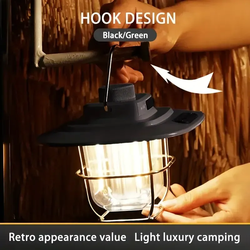 Wilderix Retro Kamp Feneri, 800 Lümen, 5000 mAh Powerbank, USB-C Şarjlı, Ayarlı Işık Yeşil