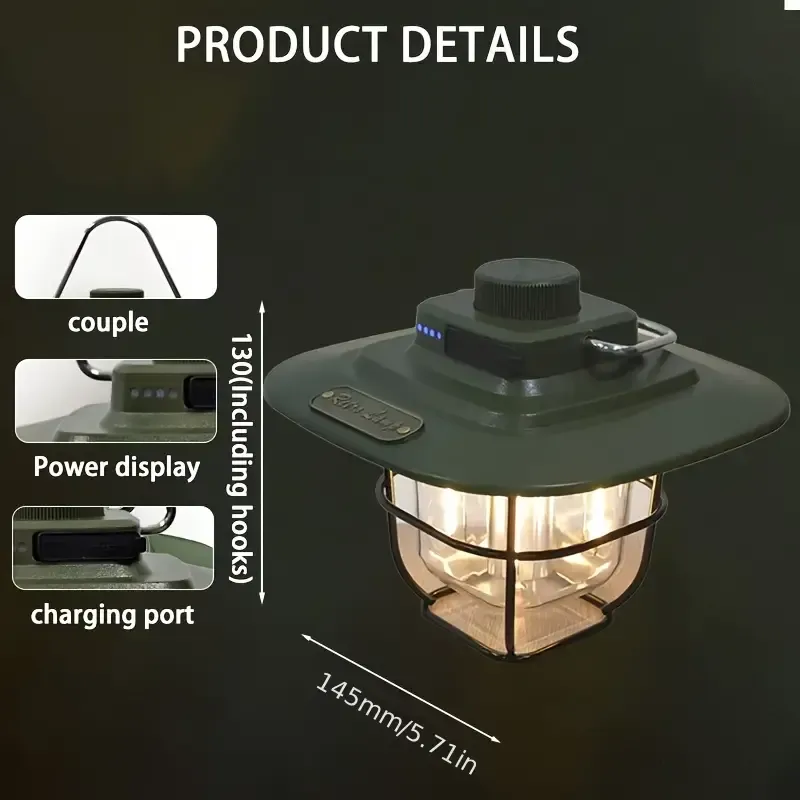 Wilderix Retro Kamp Feneri, 800 Lümen, 5000 mAh Powerbank, USB-C Şarjlı, Ayarlı Işık Yeşil