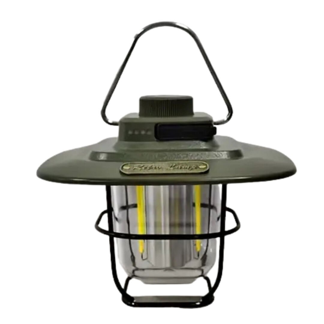 Wilderix Retro Kamp Feneri, 800 Lümen, 5000 mAh Powerbank, USB-C Şarjlı, Ayarlı Işık Yeşil